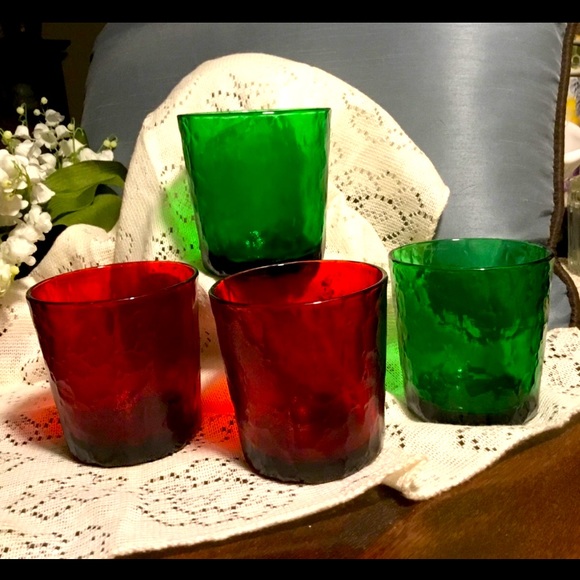 Vintage Hand-Blown 2~Red & 2~Green Old Fashion Glasses from France - Picture 1 of 8